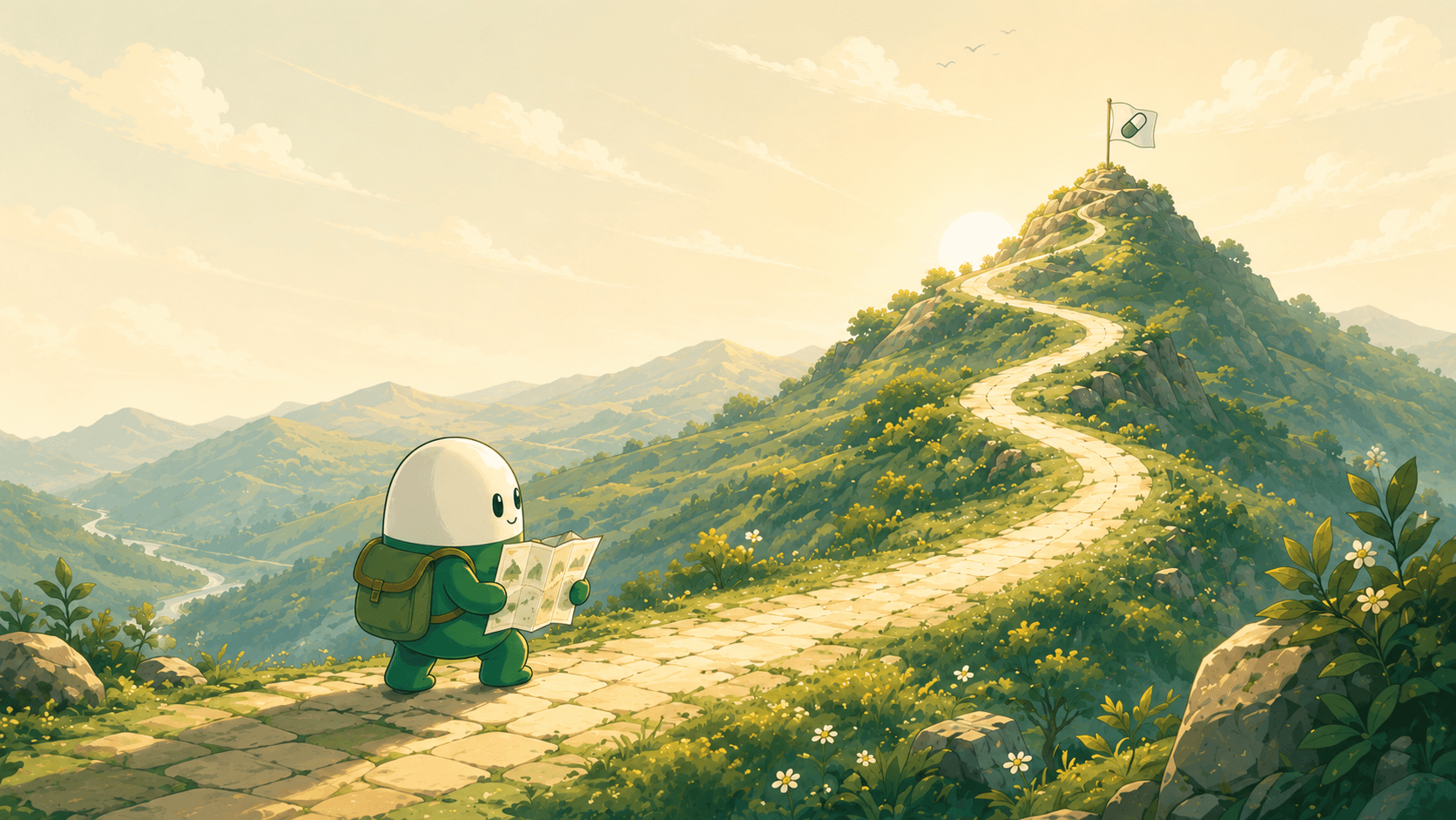 A small green explorer reads a map on a stone path winding up toward a flag at the summit.