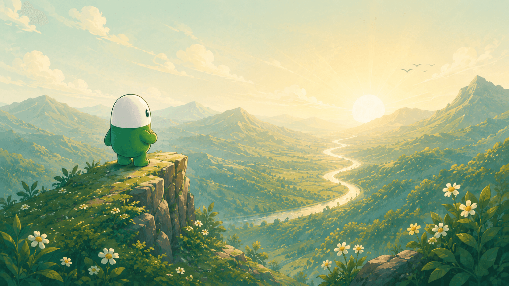 The green explorer stands on a cliff overlooking a sunlit valley and winding river at sunrise.